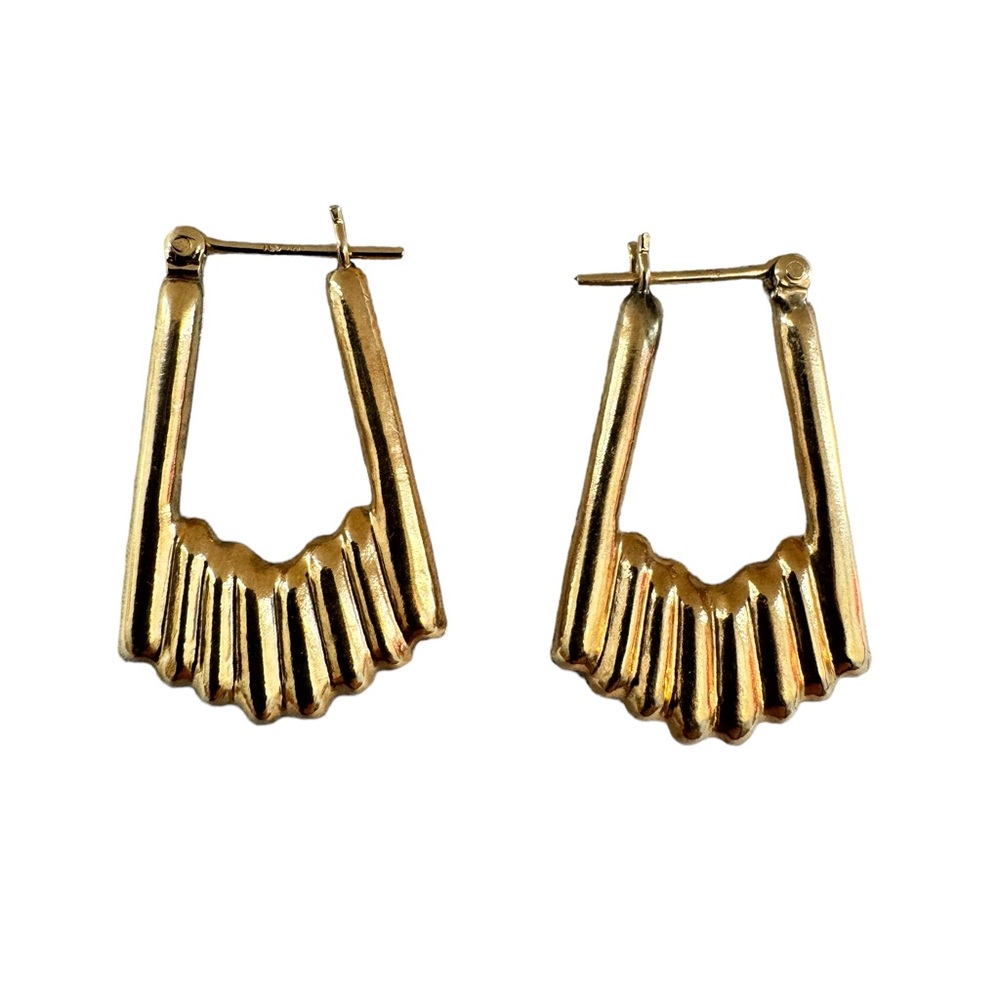 SOLD OFF SITE! 14K Gold Small Rect.  Hoop Earrings Puffed Ribbed Design - EUC